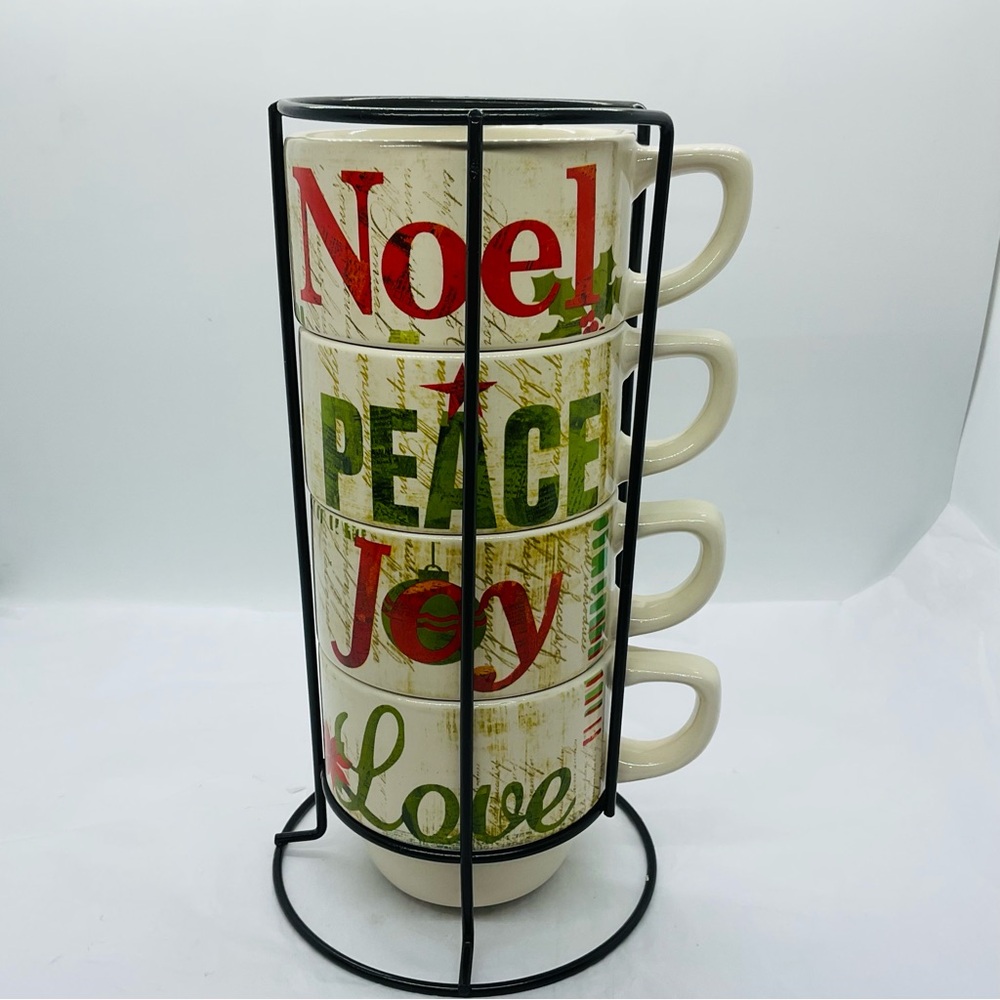PIER 1 Set Of 4 Stoneware Stackable Mugs With Metal Holder Love Peace Joy Noel
